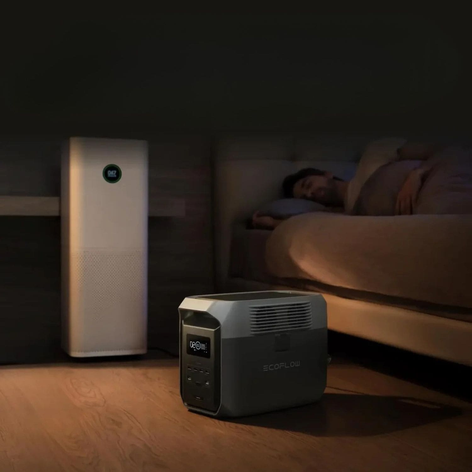 EcoFlow DELTA 3 1500 Portable Power Station connected to a portable air conditioner, delivering efficient power for cooling on the go