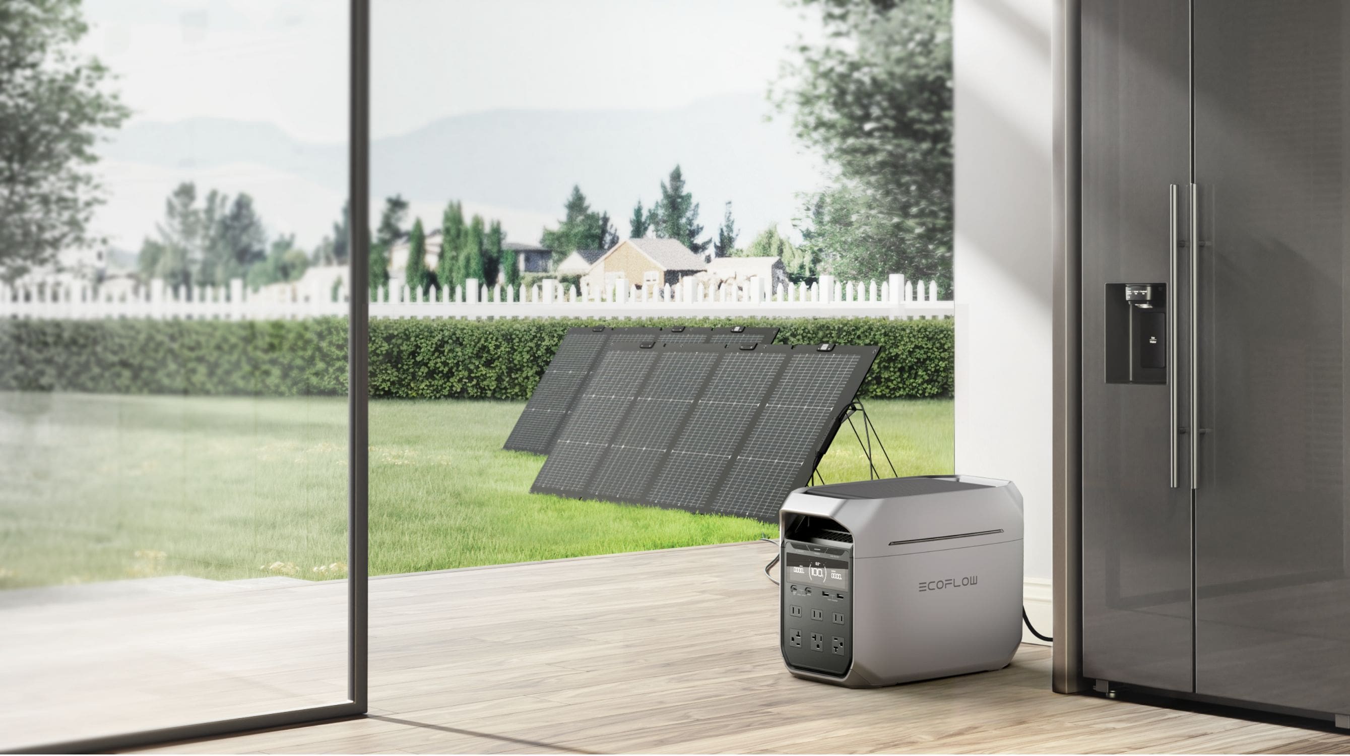 EcoFlow DELTA 3 Plus Portable Power Station with  2 220W Bifacial Portable Solar Panels In A Backyard