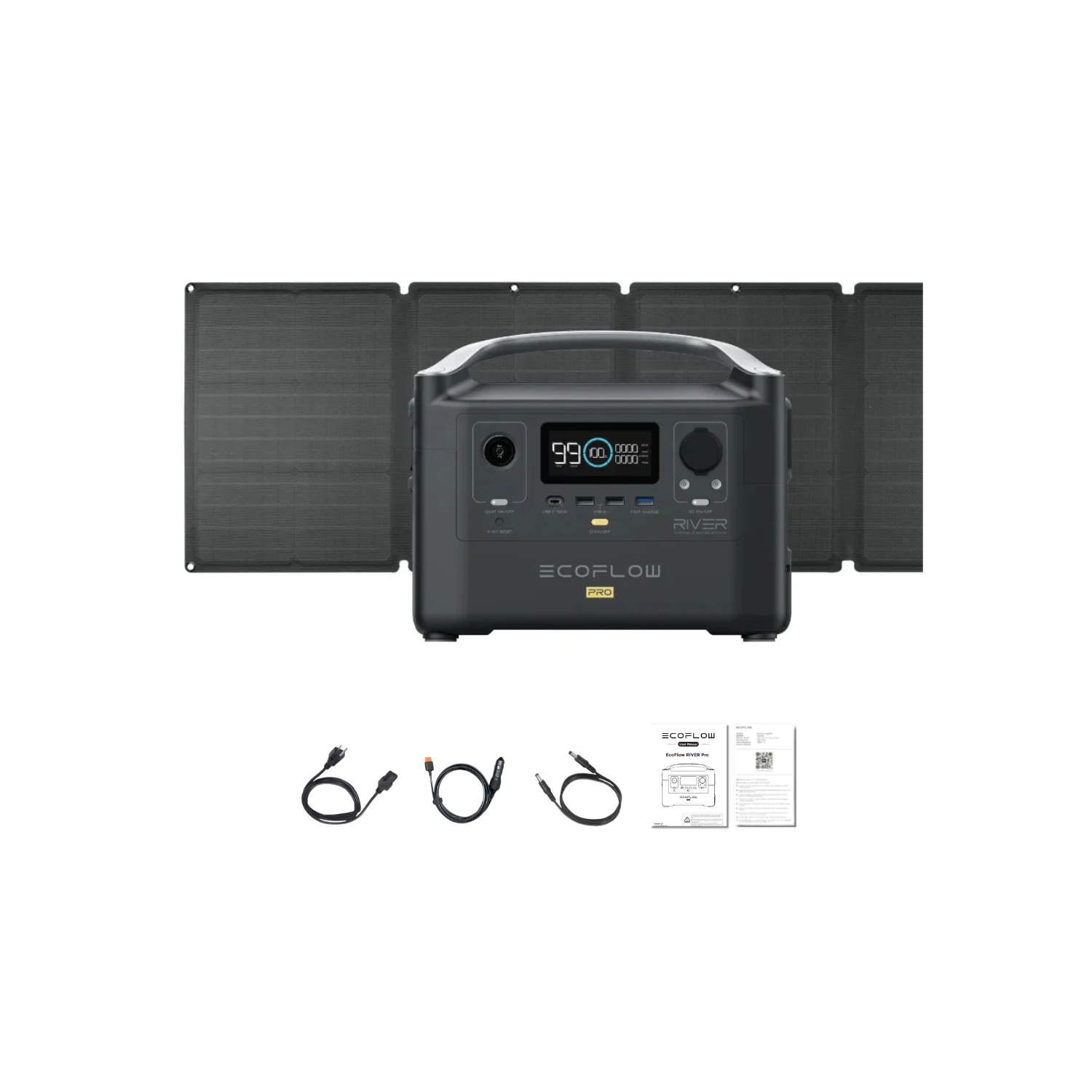 EcoFlow RIVER Pro Portable Power Station + 1 x 110W Portable Solar Panel Inclusions